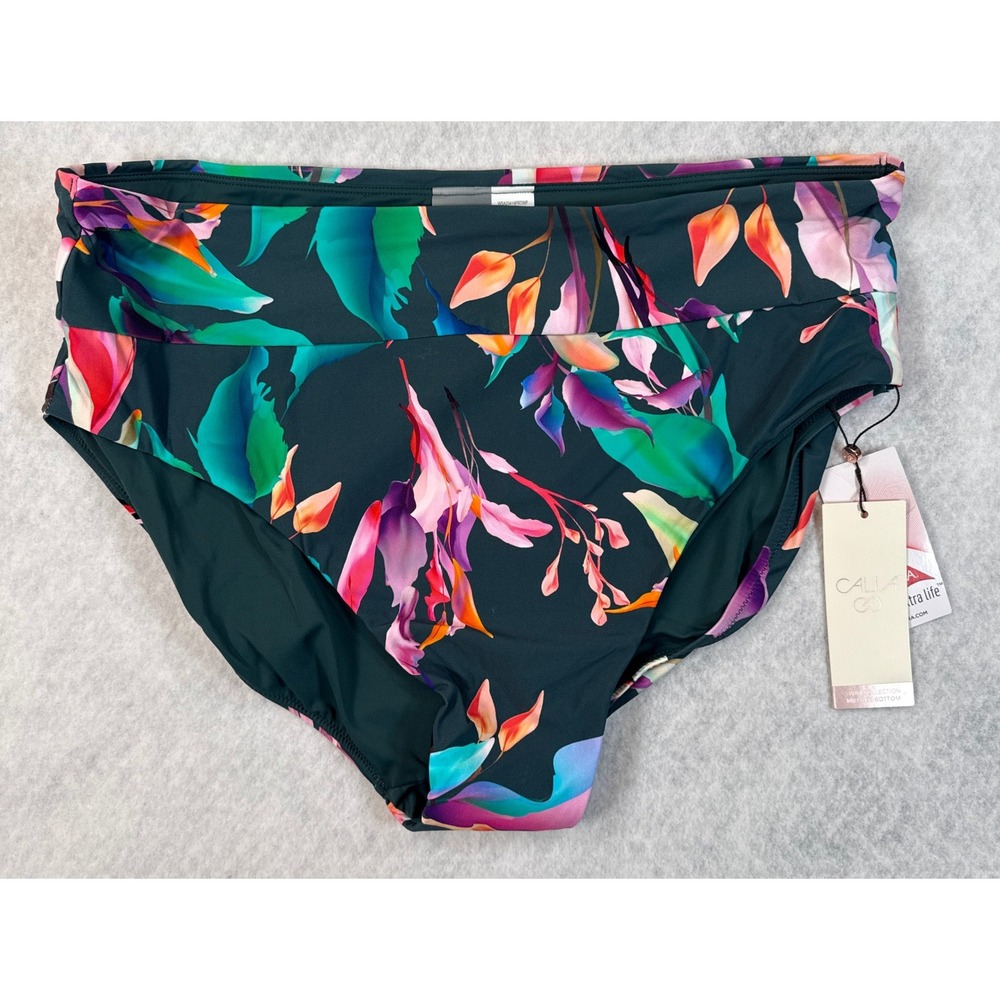 CALIA Womens 1X Wide Band High Leg Mid-Rise Swim Bottom Aqua Multi Floral NWT